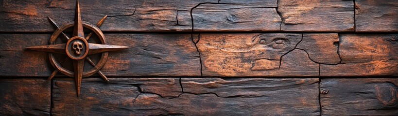 A weathered wooden background features a compass with a skull, ideal for themes of adventure, mystery, or nautical design, Useful for websites, posters, or as a backdrop for various creative projects © Kakabe