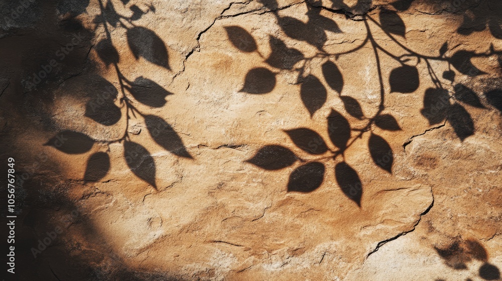 Poster abstract shadows of tree leaves on a textured brown concrete wall featuring rough and irregular surf