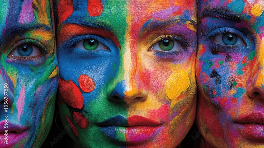 Poster close up of faces adorned with a vibrant array of paint highlighting vivid expressions of body art a
