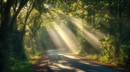 Sunlight rays streaming through the canopy of trees along a serene forest road