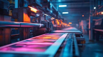 Industrial Printing Press with Papers Moving Along Conveyor Belt