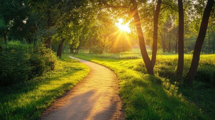 Naklejka premium Path winding through a green park at dawn with sunlight filtering through tree branches and leaves perfect for hiking and leisurely walks in the forest during sunset