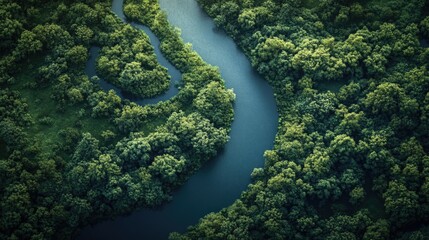 Bird s eye view of a river winding through a lush forest showcasing the beauty of the natural landscape
