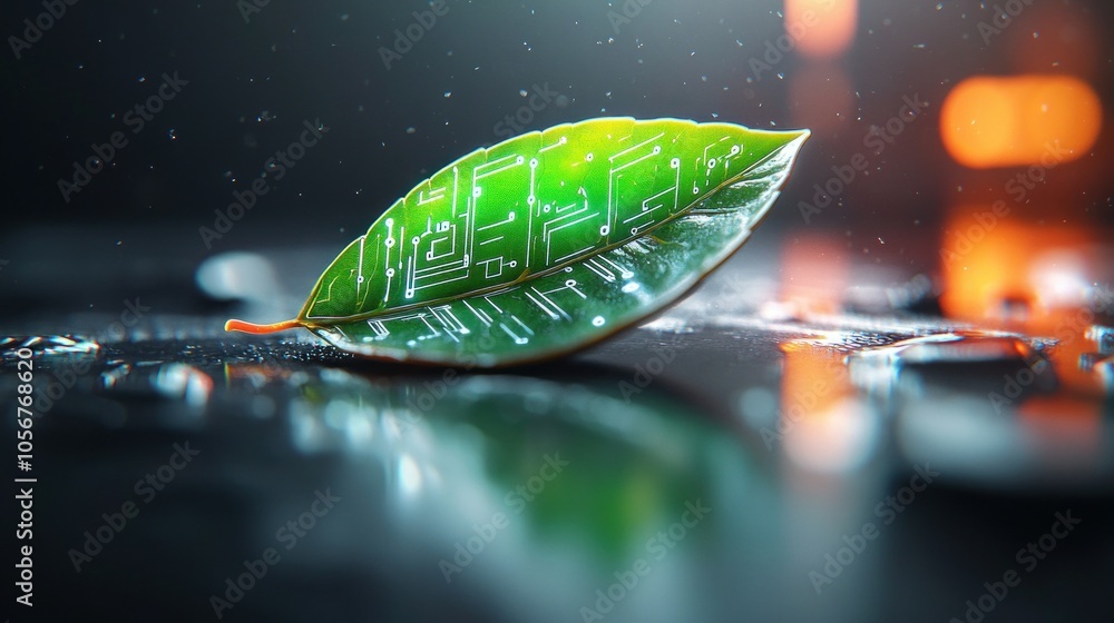 Poster the fusion of nature and technology a leaf embodying digital elements in a rainy setting
