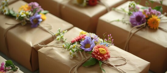 Brown Paper Gifts With Colourful Springtime Flowers