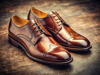 Elegant Close-Up of Polished Brown Dress Shoes in Vintage Style Photography, Showcasing Timeless Fashion, Classic Elegance, and Attention to Detail in Footwear Design