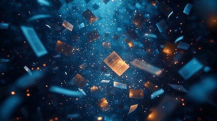 A dark background with glowing blue data particle, Background data papers particles