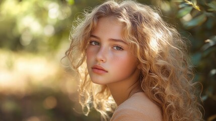 Fototapeta premium Young Girl with Curly Blonde Hair Posing in a Natural Setting