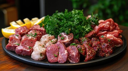 Assorted cuts of meat garnished with fresh parsley and spices