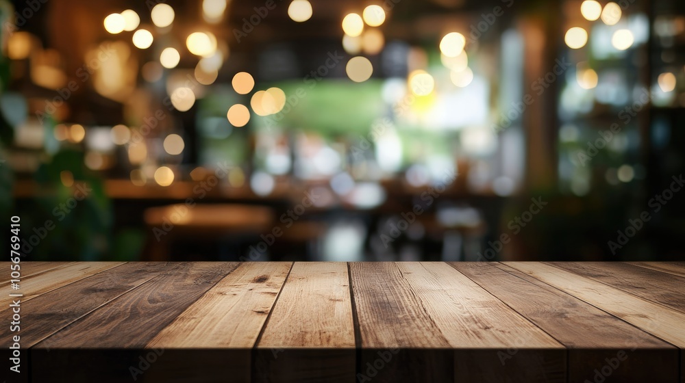 Poster wooden kitchen table with a bokeh background featuring an empty wood tabletop ideal for food display