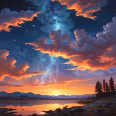 Fototapeta premium Illustration of heavenly sunrise with dramtaic sky.