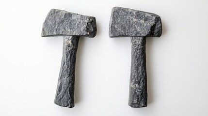 Two Neolithic bush hammered axes from the Acheulean culture crafted from basalt displaying striking and cutting functionalities against a white background