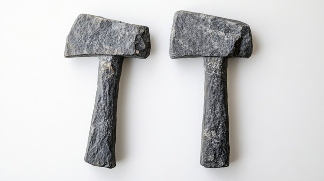 Two Neolithic bush hammered axes from the Acheulean culture crafted from basalt displaying striking and cutting functionalities against a white background
