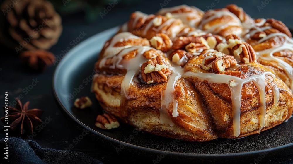 Poster cinnamon buns drizzled with glaze garnished with nuts presented on a dark plate against a contrastin