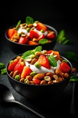 Deliciously healthy yogurt parfait with fresh fruits and nuts for a nutritious snack or breakfast option