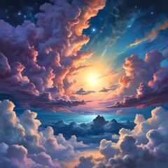 Illustration of heavenly sunrise with dramtaic sky.