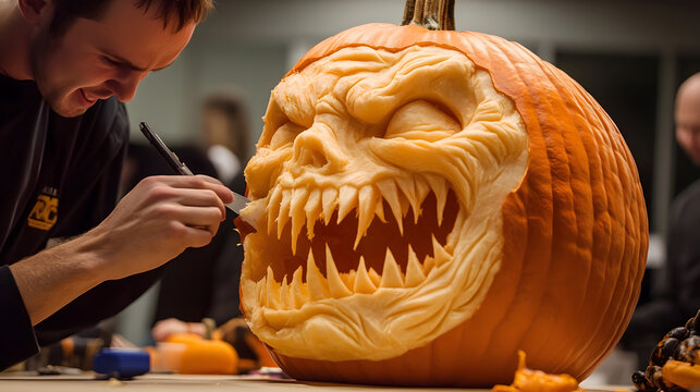 A creative pumpkin carving contest in action.