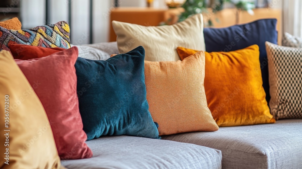 Aufkleber couch adorned with numerous pillows in an interior space featuring a banner and ample copy space