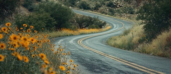 Curve Road With Mexican Sunflower Weed