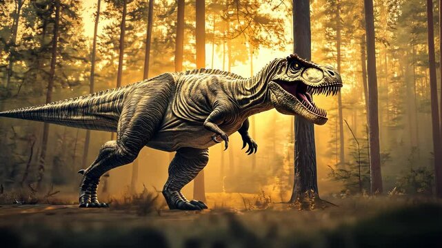 A ferocious T-Rex is seen roaming through a forest during the golden sunset hour, reflecting the dynamic and powerful nature of this prehistoric creature in a serene setting Video