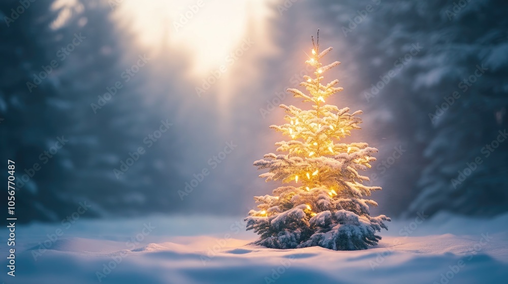 Poster illuminated christmas tree with a softly blurred snowy background