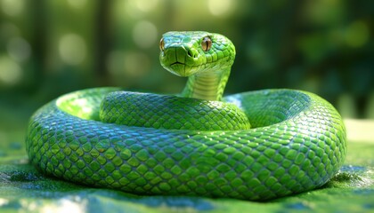 Obraz premium Emerald Green Snake with Vivid Scales A Glimpse into the Cold-Blooded World of Exotic Reptiles Stunning Nature Photography