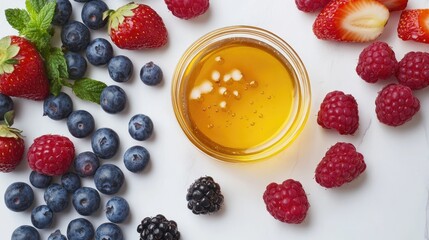 Organic honey and fresh berries arranged on a white background showcasing natural sweeteners and antioxidant benefits
