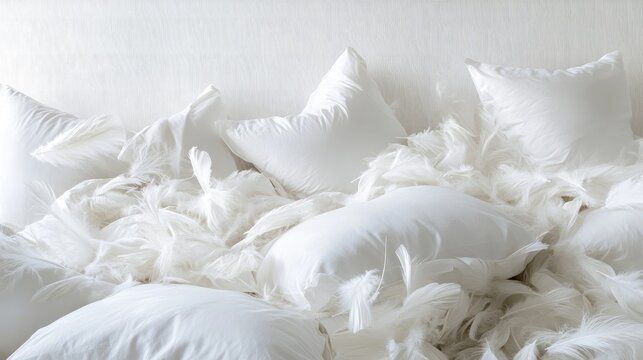 A multitude of white pillows creates a backdrop filled with disorganized feather cushions