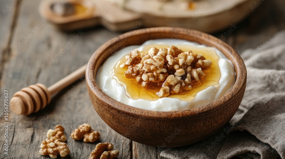 Poster greek yogurt topped with honey and walnuts in a bowl nutritious breakfast option