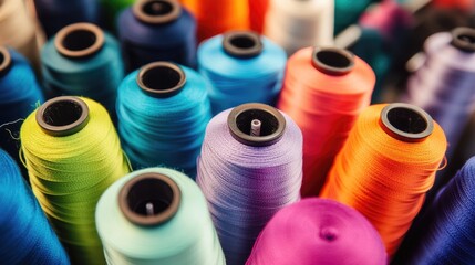 Vibrant sewing threads arranged in a workshop highlighting an assortment of colorful spools utilized in garment making