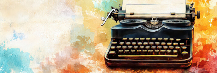 Vintage typewriter on creative watercolor background celebrating world writer's day. World writer day. Horizontal banner. Copy space. World Poetry Day. Literacy Day. Knowledge Day