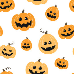 Halloween background with hand drawn pumpkin lanterns. Seamless texture concept. Vector illustration