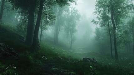 Fototapeta premium A thick enchanting mist shrouds an old forest
