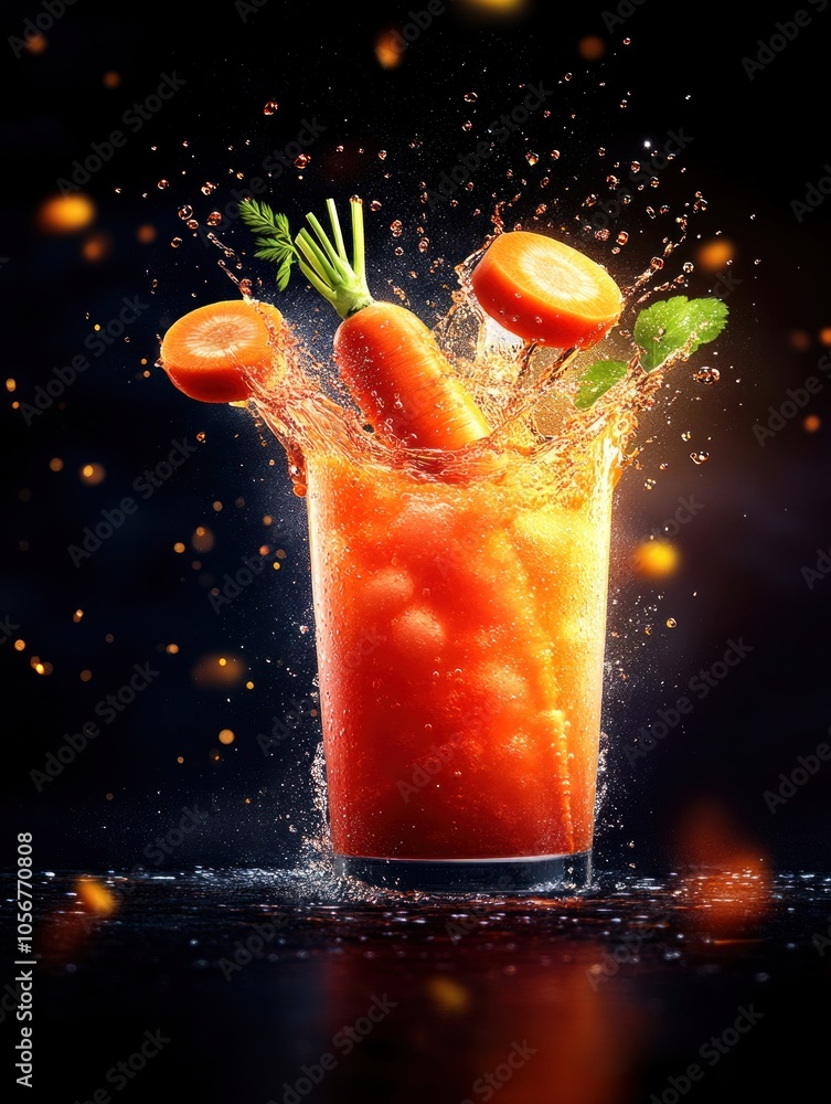 Poster Refreshing carrot splash a vibrant drink experience with fresh ingredients and dynamic motion