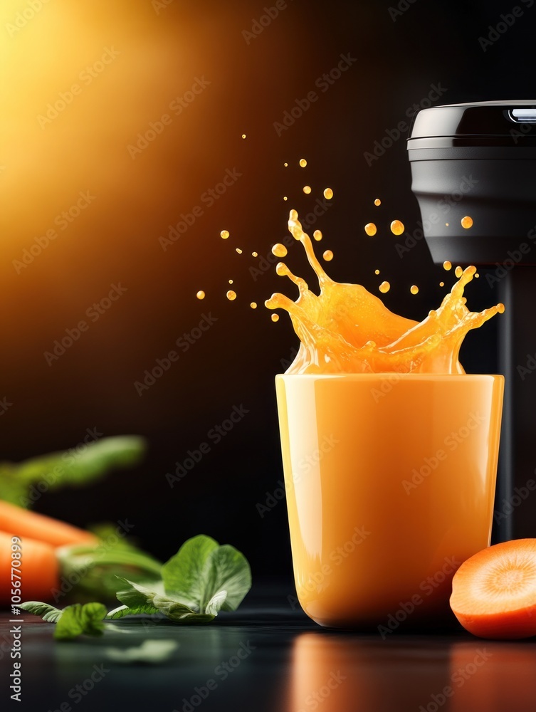Poster Refreshing carrot juice splashing in a vibrant cup surrounded by fresh ingredients