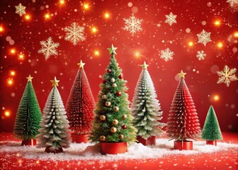 Festive Christmas Scene with Snowflakes and Trees on Vibrant Red Background &acirc;&euro;&ldquo; Perfect for Holiday Decorations and Seasonal Celebrations
