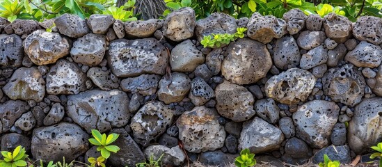 Stone Wall Made From Volcanic Rocks Of Puuhonua O Honaunau Hawaii