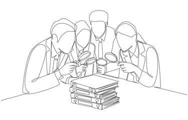 Continuous one line drawing of group of auditors holding magnifying glass looking at company financial statement document pile, internal auditor team concept, single line art.
