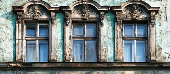 Antique Glass Windows On An Old Building Architectural Elements