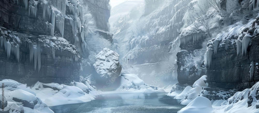Poster snowy scene with narrow gorge and open water slowly moving