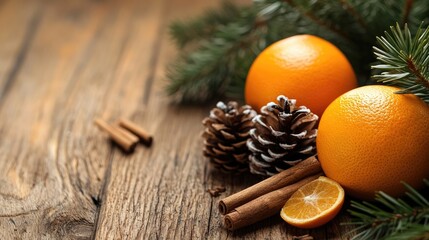 Festive holiday background featuring cinnamon pinecones and oranges arranged on a wooden table High quality image capturing seasonal decorations