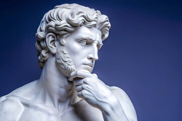 Marble statue of a thoughtful man with hand on chin, against a deep blue background with copy space. A classic pose in a refined minimalist setting.
