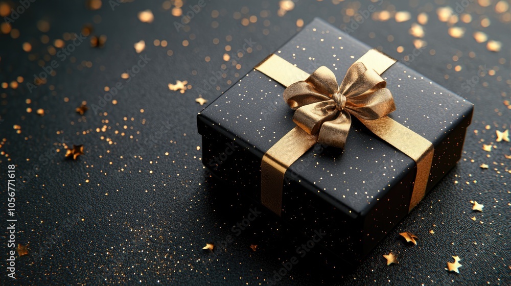 Poster Black and gold gift box with a gold ribbon set against a backdrop suitable for a sale event featuring ample copy space in a top view perspective