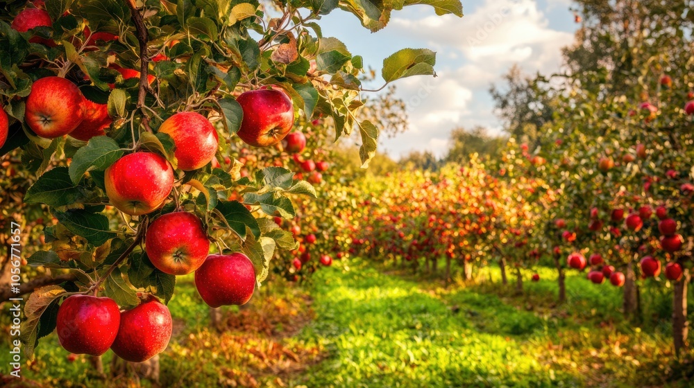 Poster abundant apple trees laden with ripe red fruit in a tranquil orchard setting