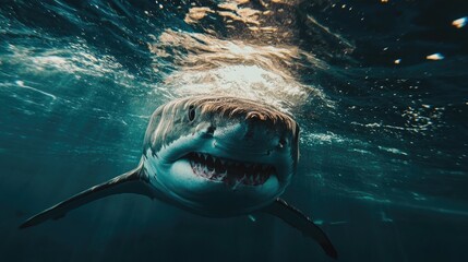 Great white shark moving towards the camera beneath the surface
