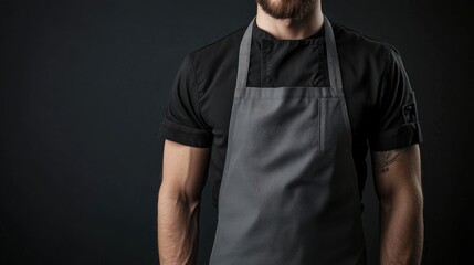 Mockup featuring a chef waiter or baker in a plain black apron set against a dark background