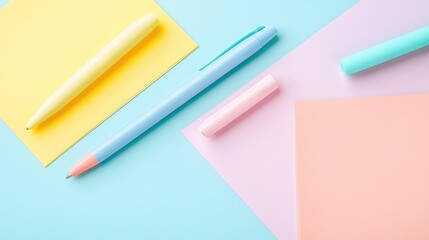 Four pastel pens alongside blank cards and a clip holder
