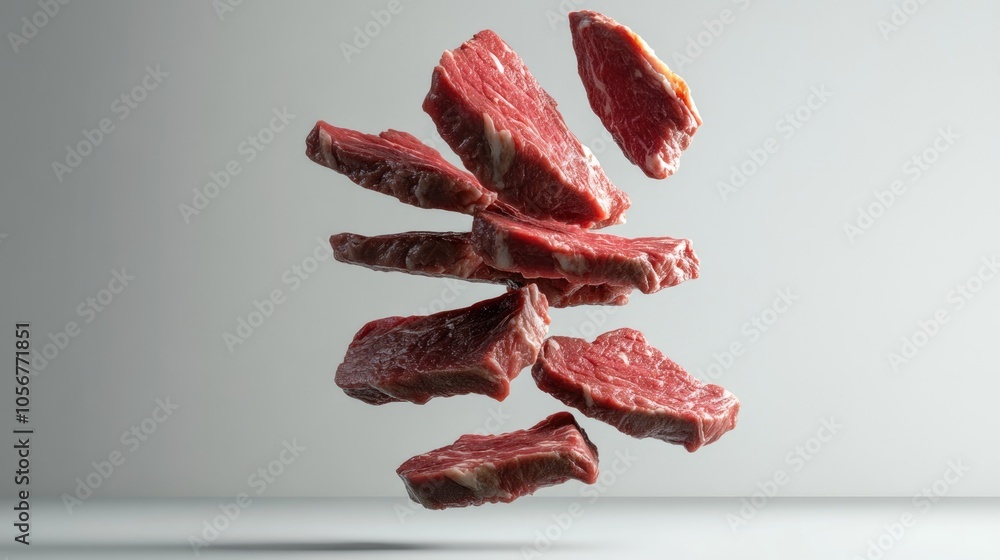 Poster Sliced beef floating on a gray background showcasing fresh meat in a 3D rendering with realistic textures and soft shadows