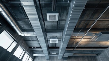 Obraz premium Ceiling with ventilation ducts and communication boxes featuring cables within an industrial or loft style interior