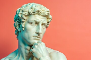 Fototapeta premium Side view of marble statue of a man in thought, orange backdrop, with copy space for text or design.